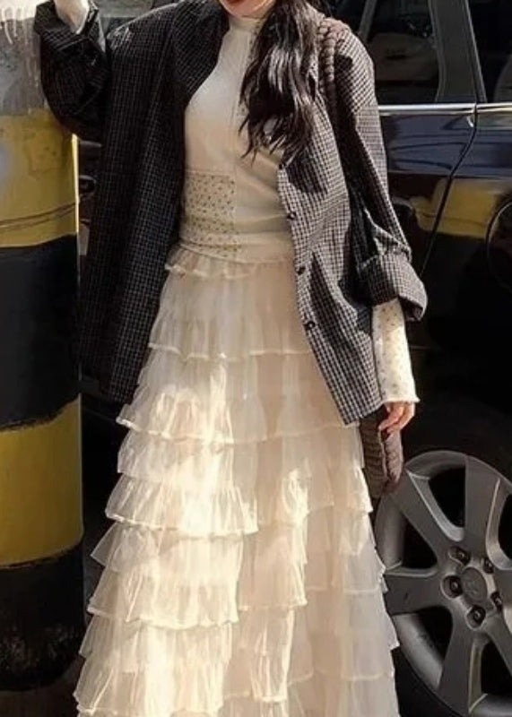Italian Beige Layered Elastic Waist Tulle Skirts Summer