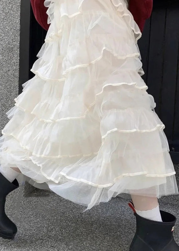 Italian Beige Layered Elastic Waist Tulle Skirts Summer