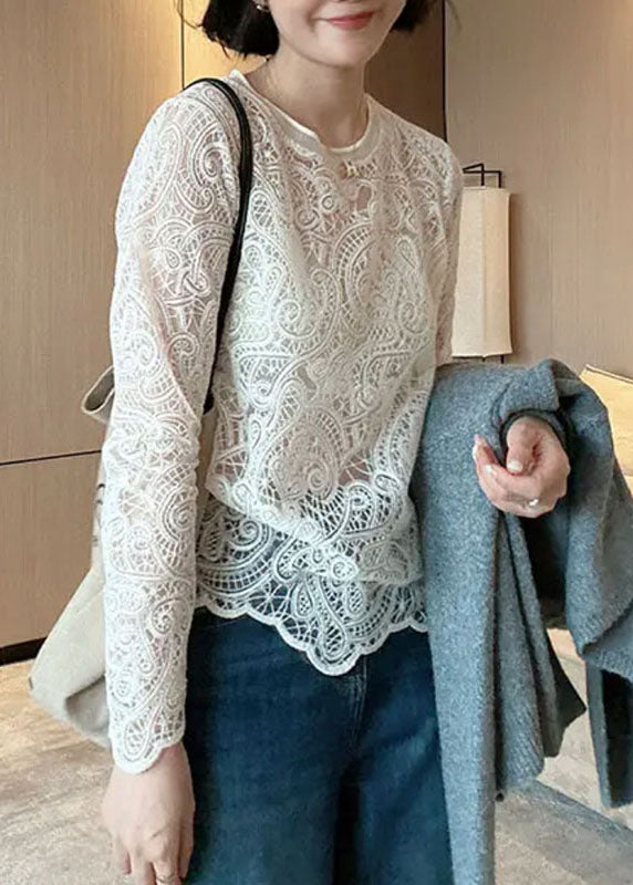 Italian Beige O-neck Hollow Out Lace Top Spring