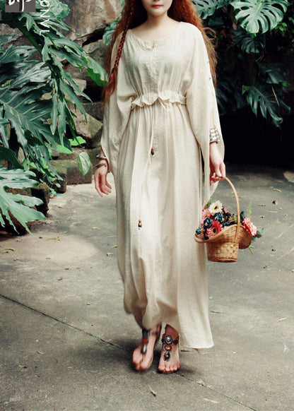 Italian Beige O-neck Tie Waist Silk Cinched Dress Spring