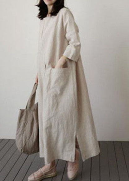 Italian Beige O-neck Side Open Cotton Dress Spring