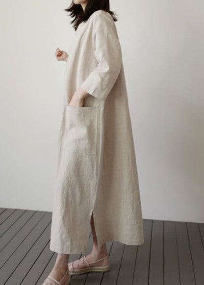 Italian Beige O-neck Side Open Cotton Dress Spring