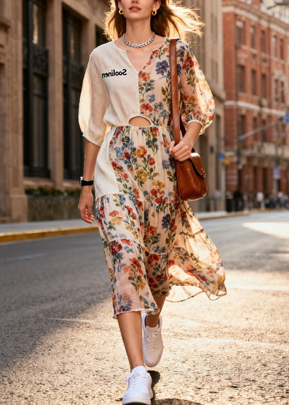 Italian Beige Print Patchwork Chiffon Holiday Dress Summer