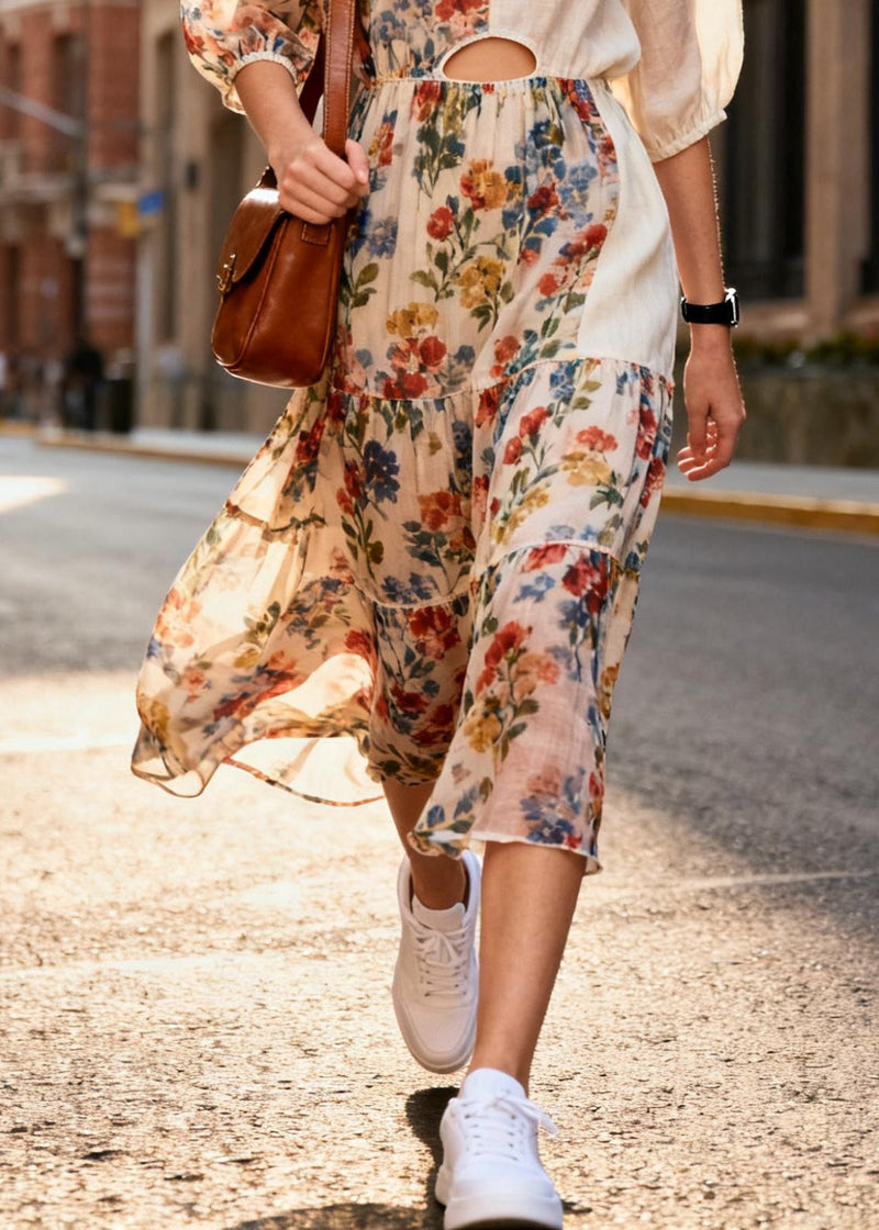Italian Beige Print Patchwork Chiffon Holiday Dress Summer