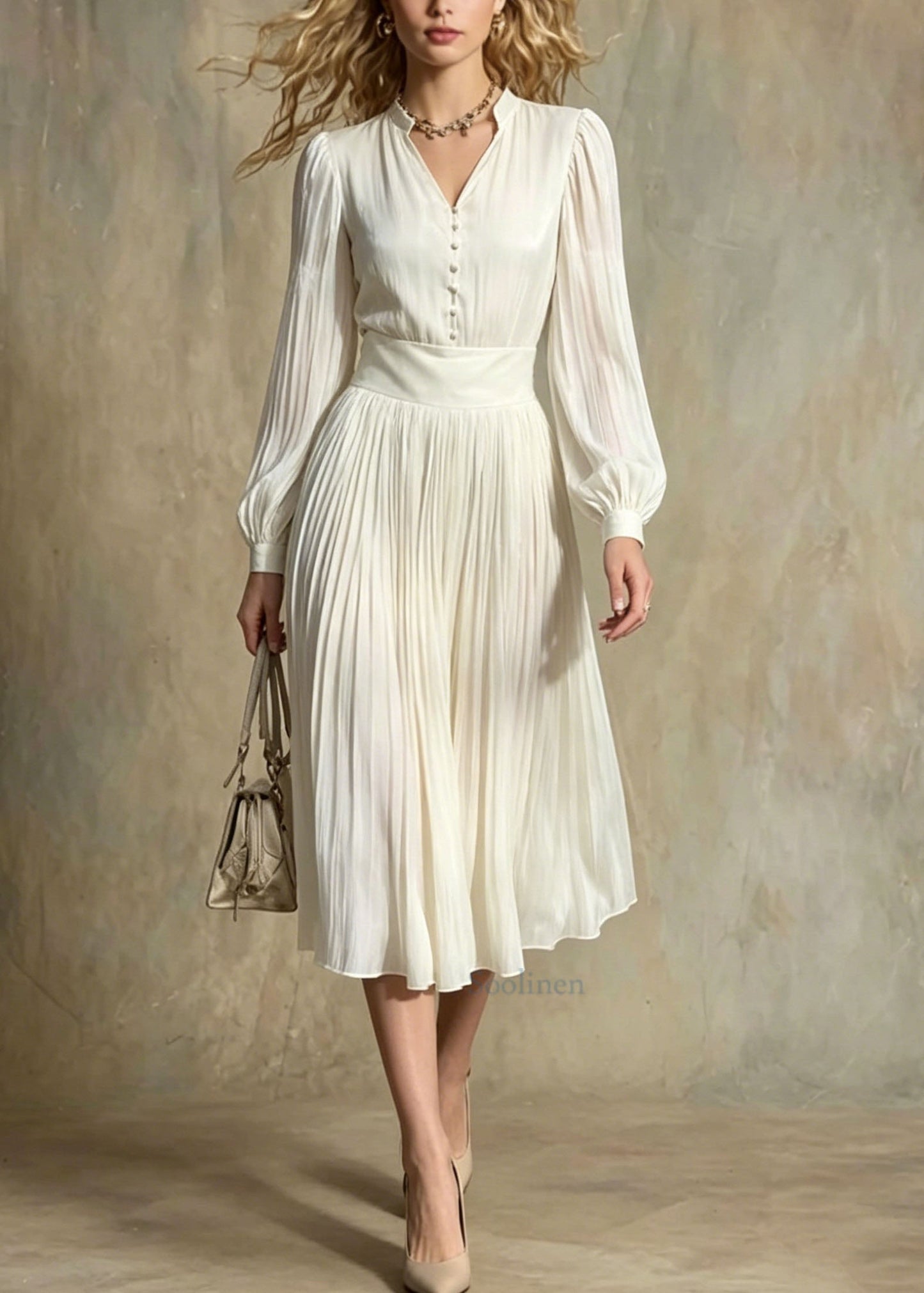 Italian Beige V Neck Button Patchwork Silk Maxi Dresses Lantern Sleeve
