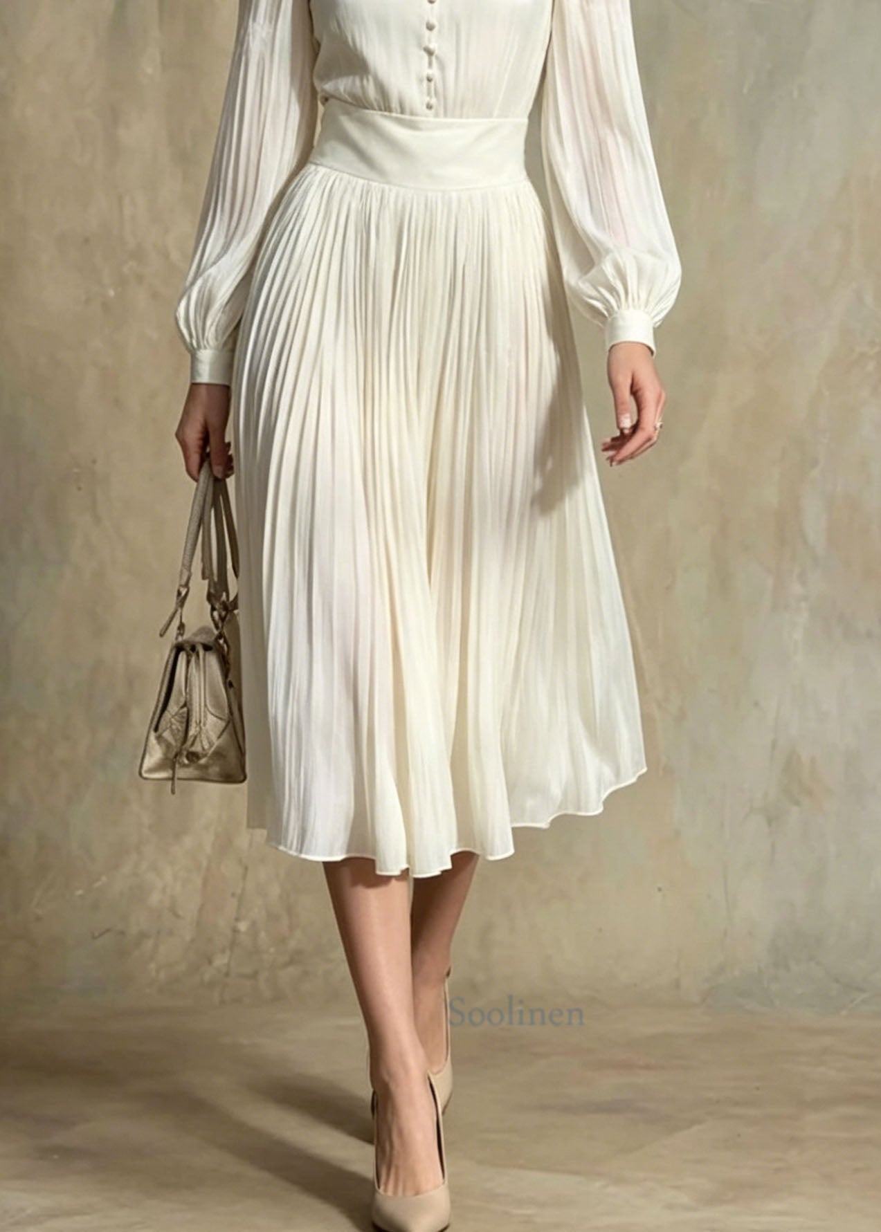 Italian Beige V Neck Button Patchwork Silk Maxi Dresses Lantern Sleeve