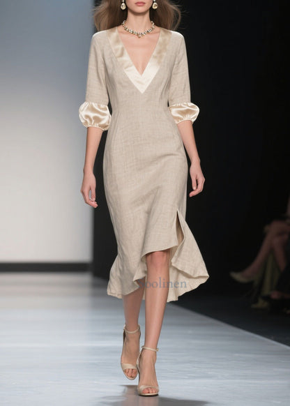 Italian Beige V Neck Patchwork Linen Silk Dresses Lantern Sleeve