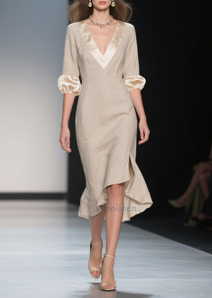 Italian Beige V Neck Patchwork Linen Silk Dresses Lantern Sleeve