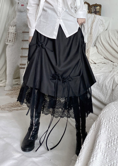 Italian Black Asymmetrical Lace Patchwork Rose Skirts Fall