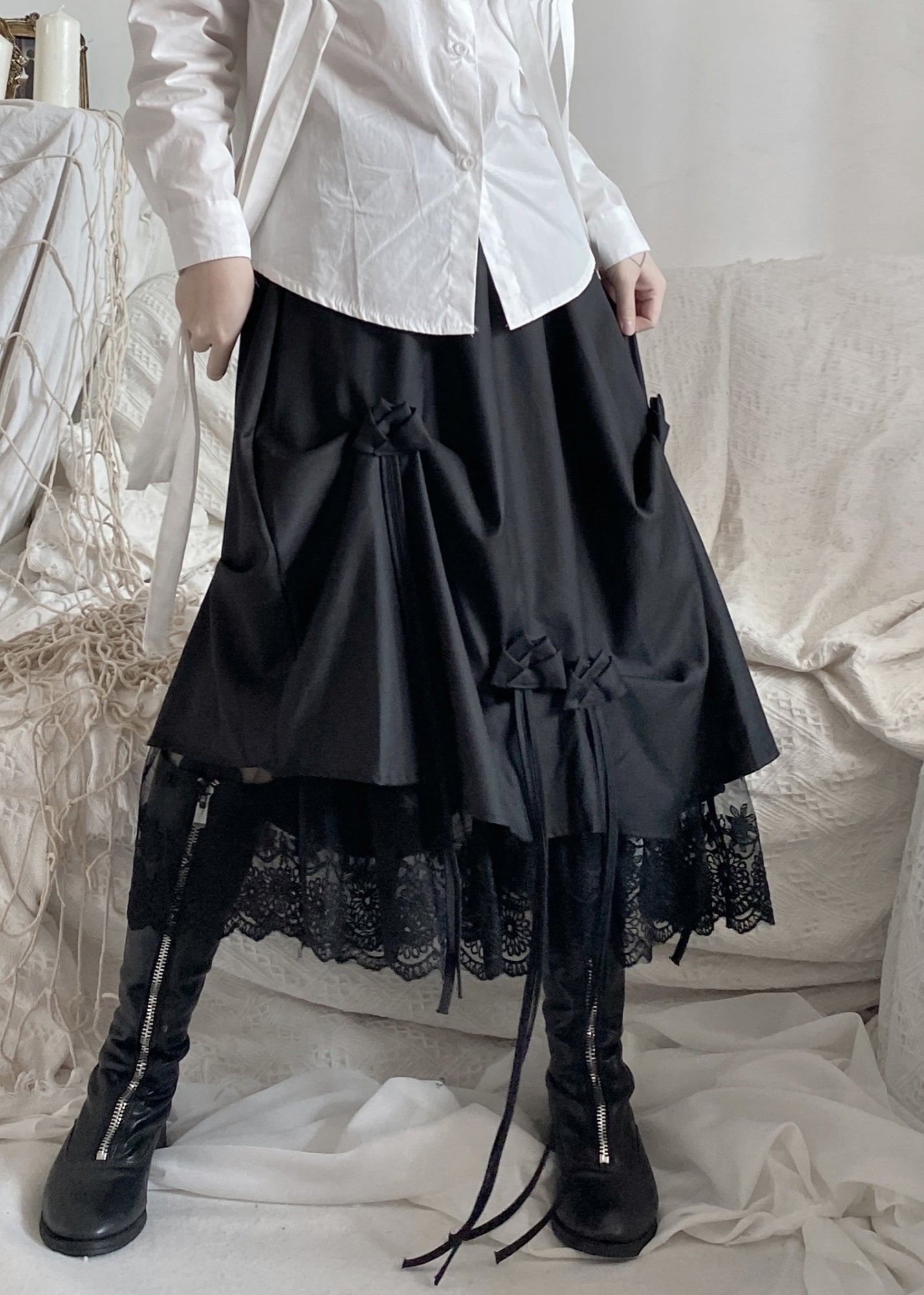 Italian Black Asymmetrical Lace Patchwork Rose Skirts Fall