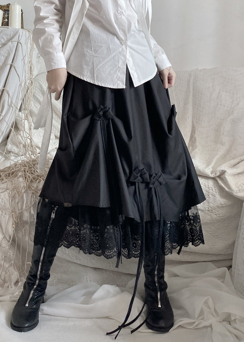 Italian Black Asymmetrical Lace Patchwork Rose Skirts Fall
