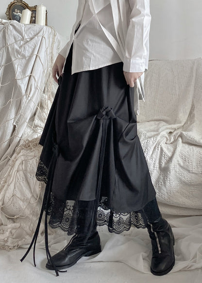 Italian Black Asymmetrical Lace Patchwork Rose Skirts Fall