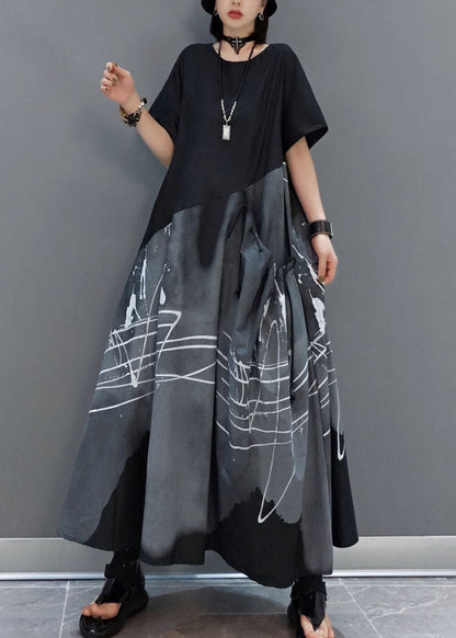 Italian Black Asymmetrical Drawstring Print Patchwork Ankle Dress Spring