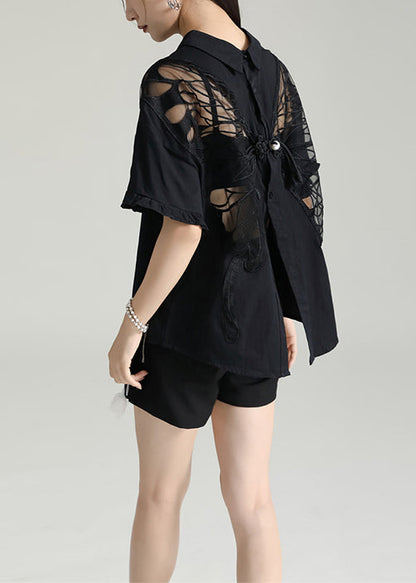 Italian Black Butterfly Hollow Out Cotton Shirts Wear on Both Sides Summer