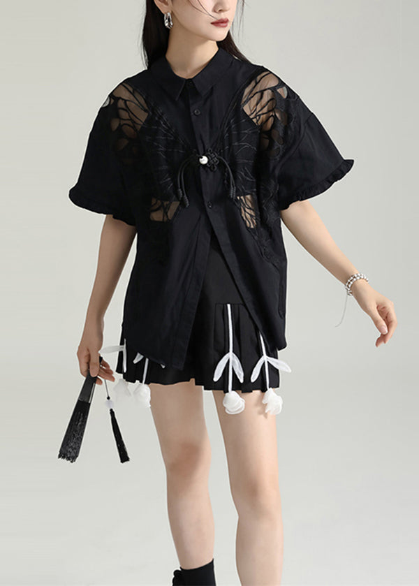 Italian Black Butterfly Hollow Out Cotton Shirts Wear on Both Sides Summer