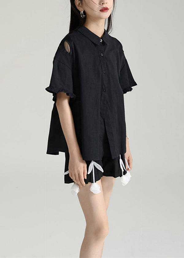 Italian Black Butterfly Hollow Out Cotton Shirts Wear on Both Sides Summer
