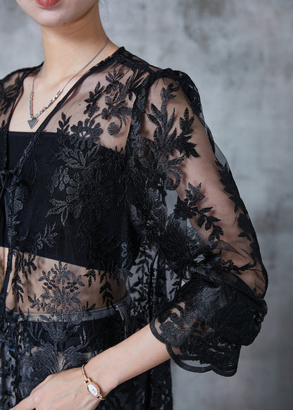 Italian Black Embroidered Tulle Upf 50+ Cardigan Summer