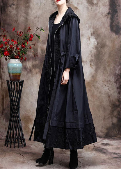 Italian Black Embroidery Coat Hooded Maxi Coats
