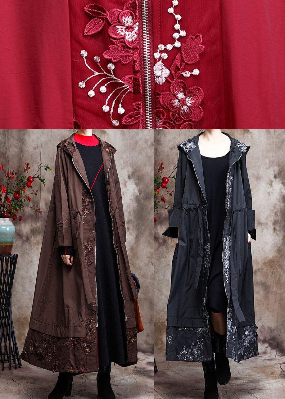 Italian Black Embroidery Coat Hooded Maxi Coats