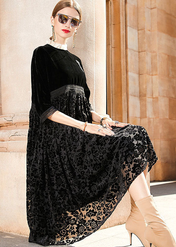 Italian Black Embroidered Patchwork Silk Velour Dress Long Sleeve