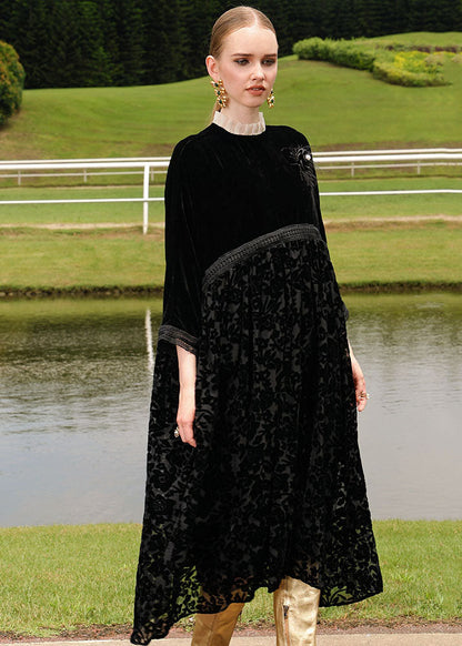 Italian Black Embroidered Patchwork Silk Velour Dress Long Sleeve