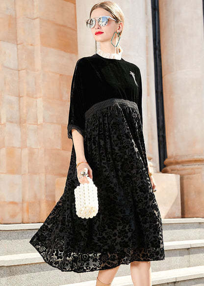 Italian Black Embroidered Patchwork Silk Velour Dress Long Sleeve