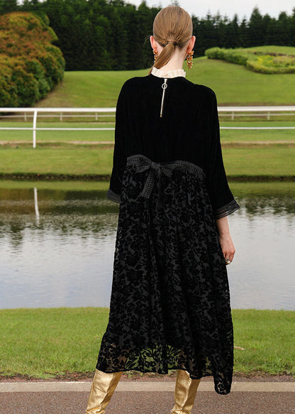 Italian Black Embroidered Patchwork Silk Velour Dress Long Sleeve