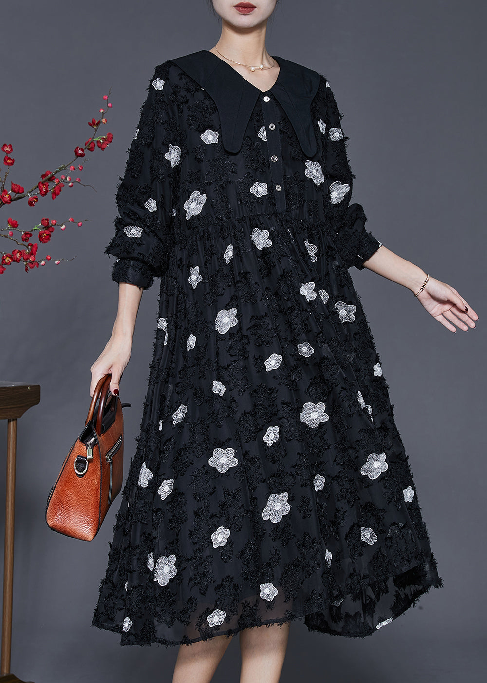 Italian Black Exra Large Hem Long Dresses Spring