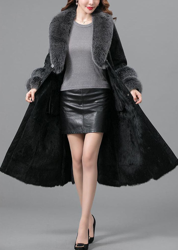 Italian Black Fox Collar Sashes Pockets Leather and Fur Parka Winter