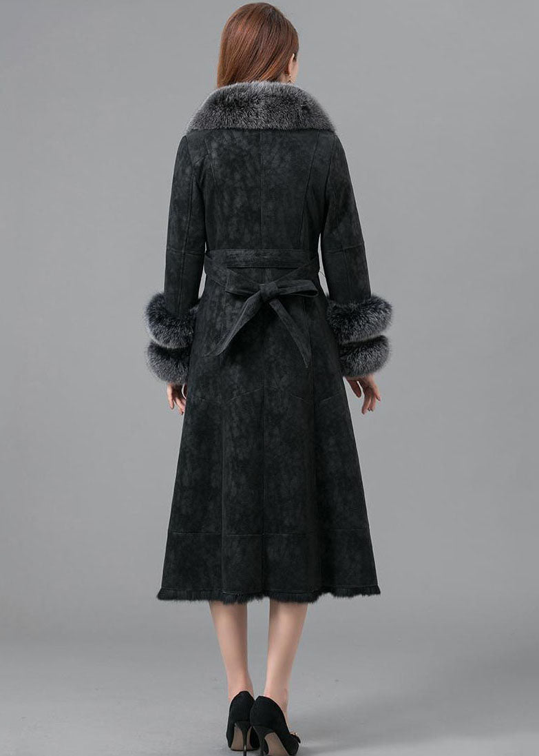 Italian Black Fox Collar Sashes Pockets Leather and Fur Parka Winter
