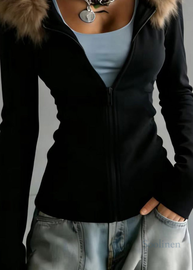 Italian Black Fur Collar Patchwork Cotton Hooded Coats Spring