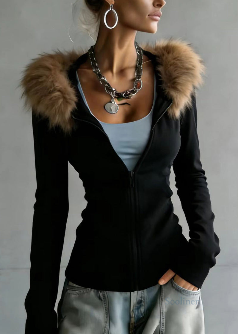 Italian Black Fur Collar Patchwork Cotton Hooded Coats Spring