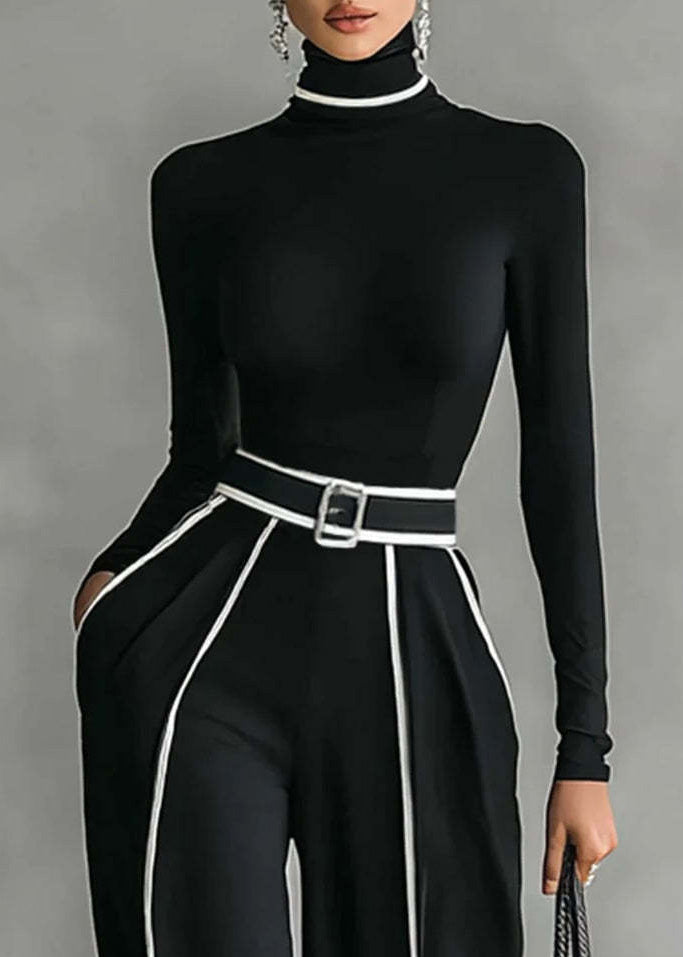 Italian Black Hign Neck Top and Pants Cotton Sets 2 Pieces Spring