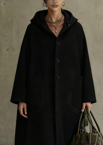 Italian Black Hooded Button Pockets Woolen Long Coat Spring