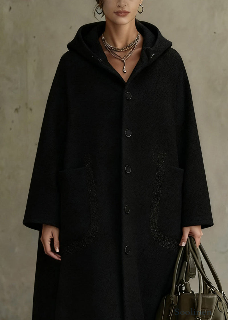 Italian Black Hooded Button Pockets Woolen Long Coat Spring