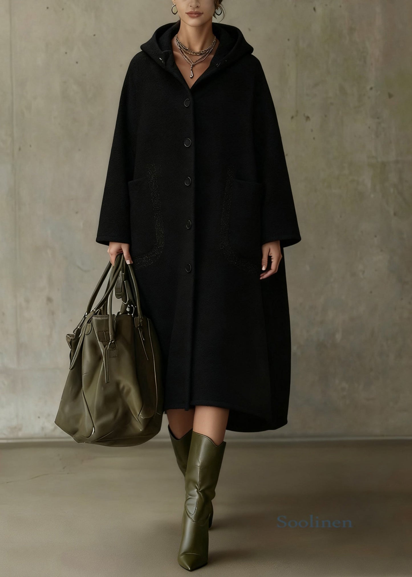 Italian Black Hooded Button Pockets Woolen Long Coat Spring