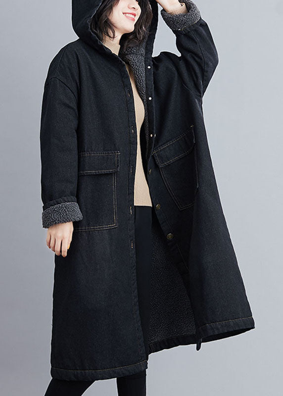 Italian Black Hooded Pockets Fleece Wool Lined Winter Denim Parka