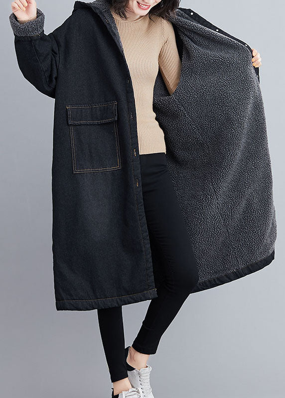 Italian Black Hooded Pockets Fleece Wool Lined Winter Denim Parka