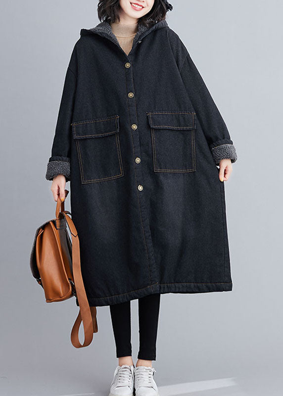 Italian Black Hooded Pockets Fleece Wool Lined Winter Denim Parka