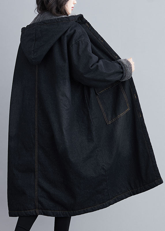 Italian Black Hooded Pockets Fleece Wool Lined Winter Denim Parka