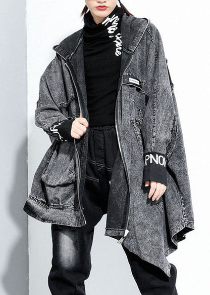 Italian Black Hooded Asymmetrical Design Denim Coat Spring