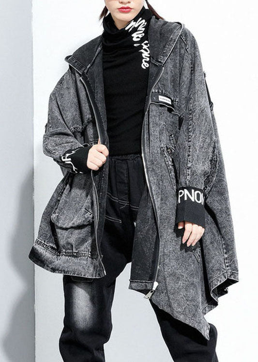 Italian Black Hooded Asymmetrical Design Denim Coat Spring