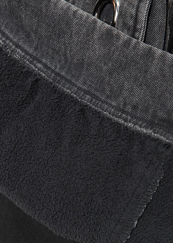 Italian Black Hooded Asymmetrical Design Denim Coat Spring
