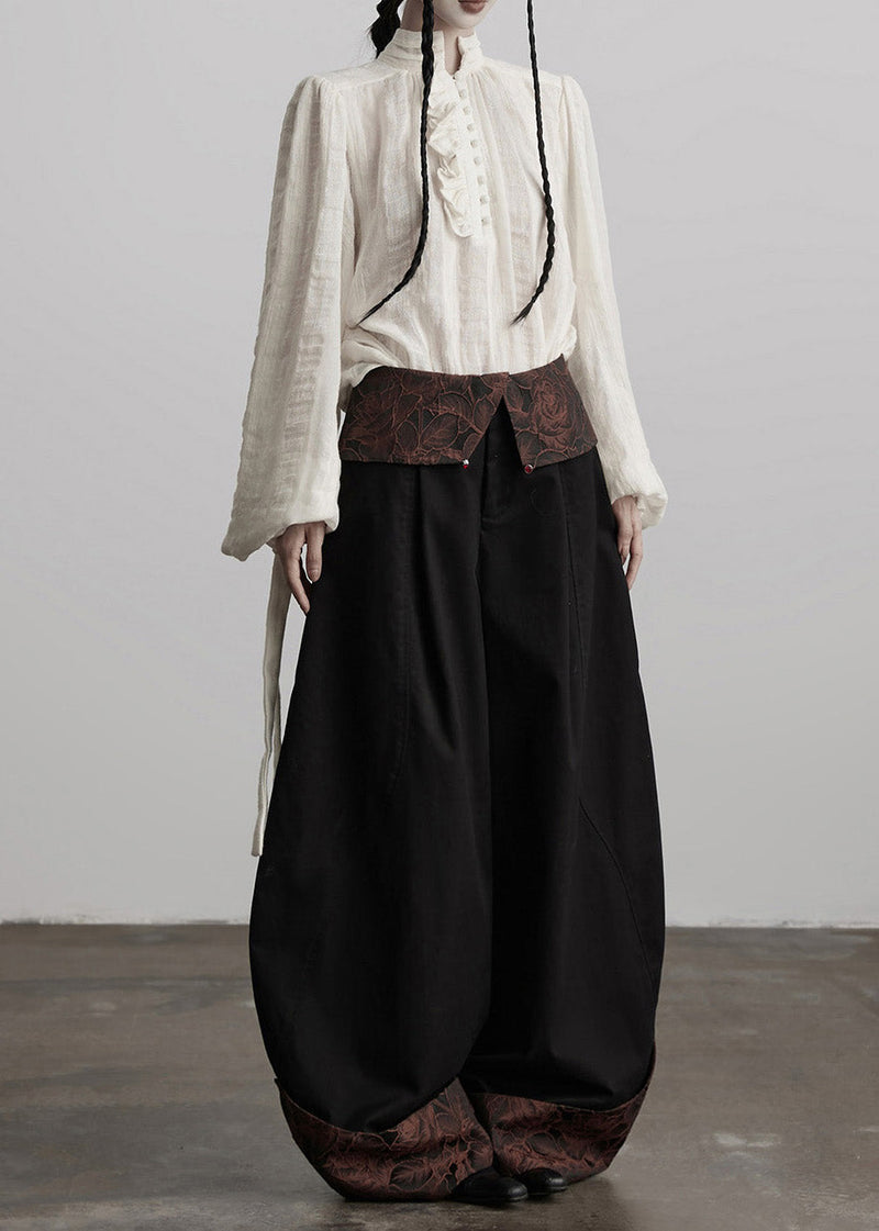 Italian Black Jacquard Patchwork Cotton Wide Leg Pants Spring