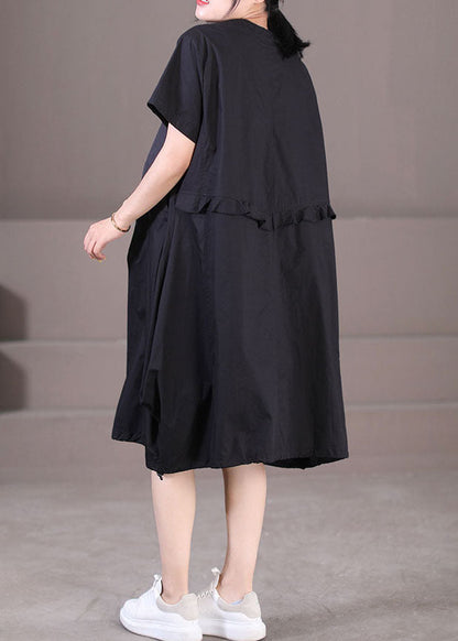 Italian Black O-neck Drawstring Cotton Long Dress Short Sleeve