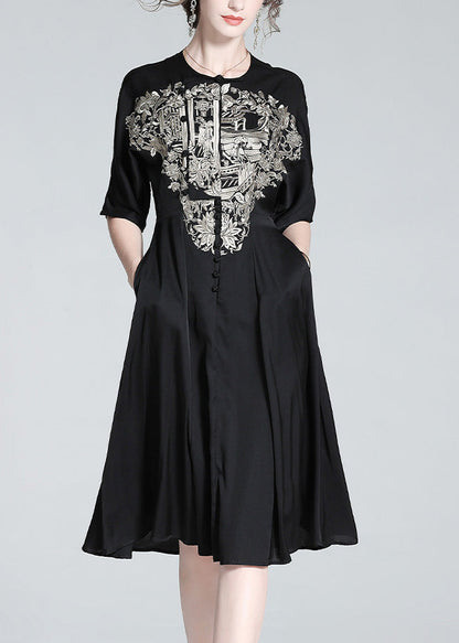 Italian Black O-neck Embroideried Button Silk Long Dress Summer