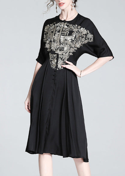 Italian Black O-neck Embroideried Button Silk Long Dress Summer