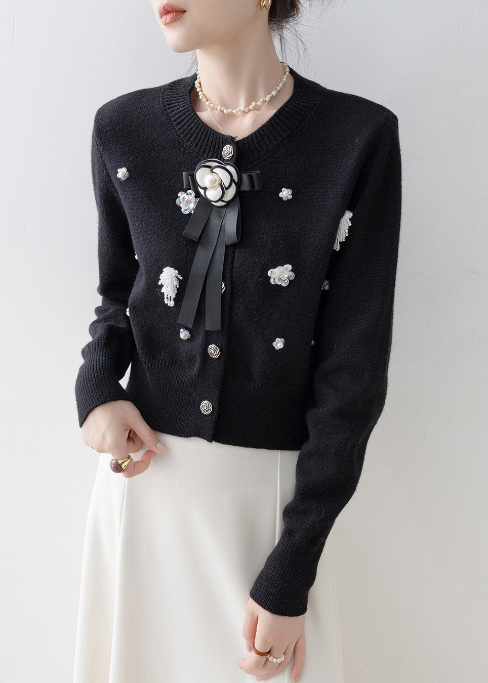 Italian Black O-neck Knit Cardigans Winter