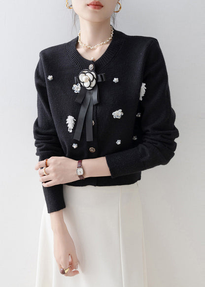 Italian Black O-neck Knit Cardigans Winter