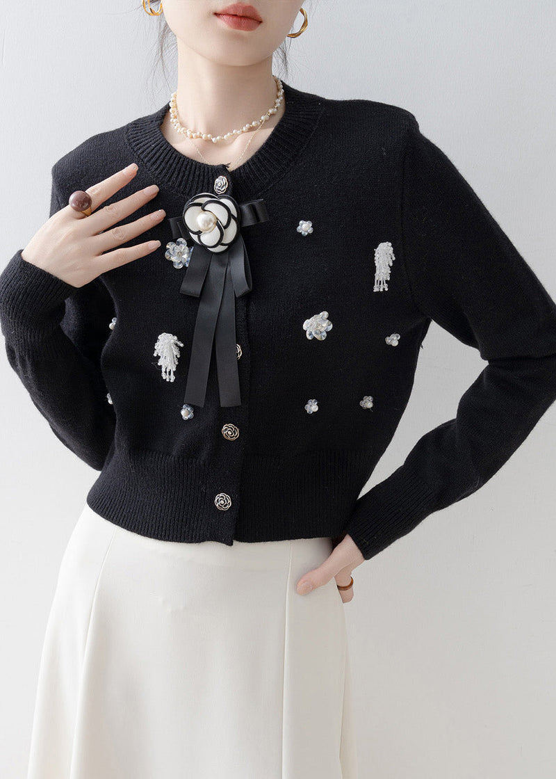 Italian Black O-neck Knit Cardigans Winter
